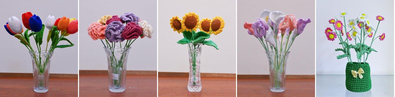 Crochet tulips, carnations, sunflowers, lilies and daisies