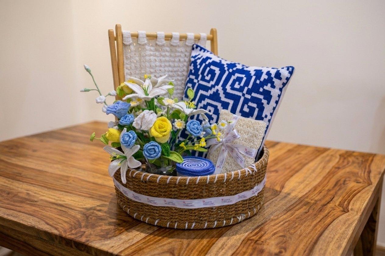 Happy Threads gift basket with crochet flowers and cushion